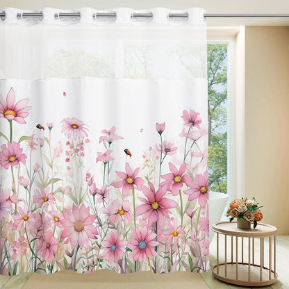 Pink Flower No Hook Shower Curtain with Snap in Liner, Spring Watercolor Floral Plant Shower Curtain,See Through Mesh Top Window,Waterproof Fabric Flowers Hotel Shower Curtain Set 71" x 74"