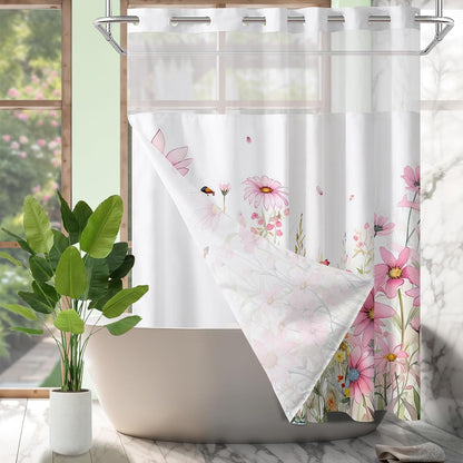 Pink Flower No Hook Shower Curtain with Snap in Liner, Spring Watercolor Floral Plant Shower Curtain,See Through Mesh Top Window,Waterproof Fabric Flowers Hotel Shower Curtain Set 71" x 74"