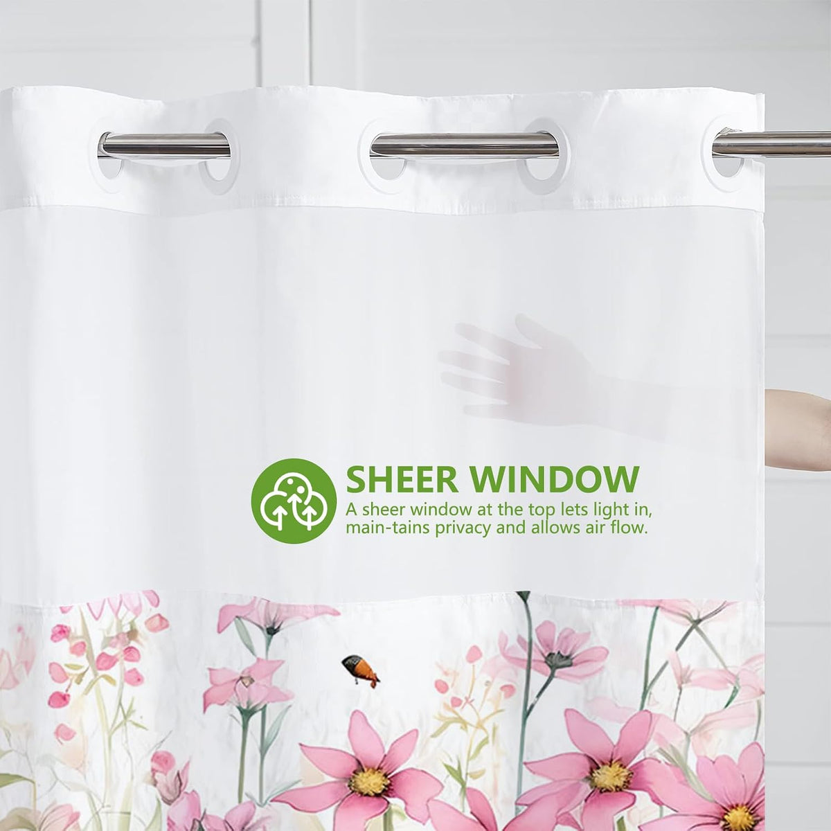 Pink Flower No Hook Shower Curtain with Snap in Liner, Spring Watercolor Floral Plant Shower Curtain,See Through Mesh Top Window,Waterproof Fabric Flowers Hotel Shower Curtain Set 71" x 74"