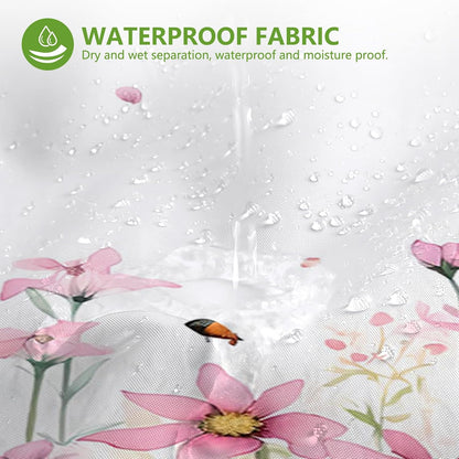 Pink Flower No Hook Shower Curtain with Snap in Liner, Spring Watercolor Floral Plant Shower Curtain,See Through Mesh Top Window,Waterproof Fabric Flowers Hotel Shower Curtain Set 71" x 74"