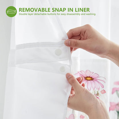 Pink Flower No Hook Shower Curtain with Snap in Liner, Spring Watercolor Floral Plant Shower Curtain,See Through Mesh Top Window,Waterproof Fabric Flowers Hotel Shower Curtain Set 71" x 74"