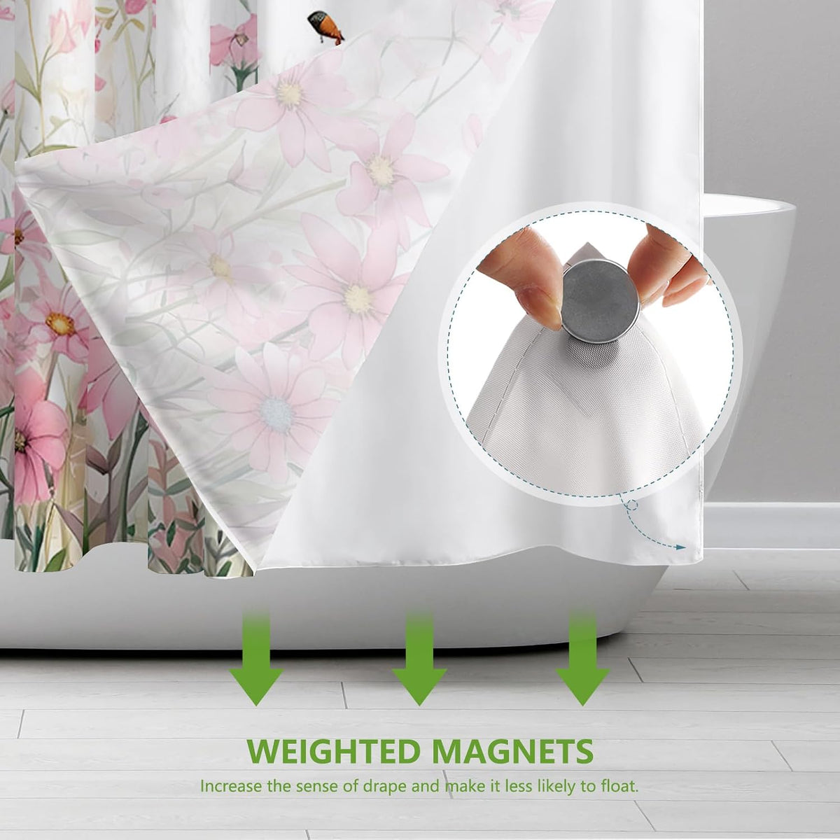Pink Flower No Hook Shower Curtain with Snap in Liner, Spring Watercolor Floral Plant Shower Curtain,See Through Mesh Top Window,Waterproof Fabric Flowers Hotel Shower Curtain Set 71" x 74"