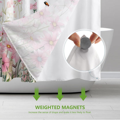 Pink Flower No Hook Shower Curtain with Snap in Liner, Spring Watercolor Floral Plant Shower Curtain,See Through Mesh Top Window,Waterproof Fabric Flowers Hotel Shower Curtain Set 71" x 74"