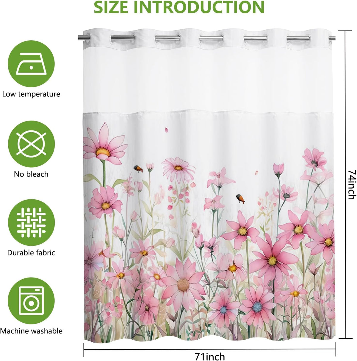 Pink Flower No Hook Shower Curtain with Snap in Liner, Spring Watercolor Floral Plant Shower Curtain,See Through Mesh Top Window,Waterproof Fabric Flowers Hotel Shower Curtain Set 71" x 74"