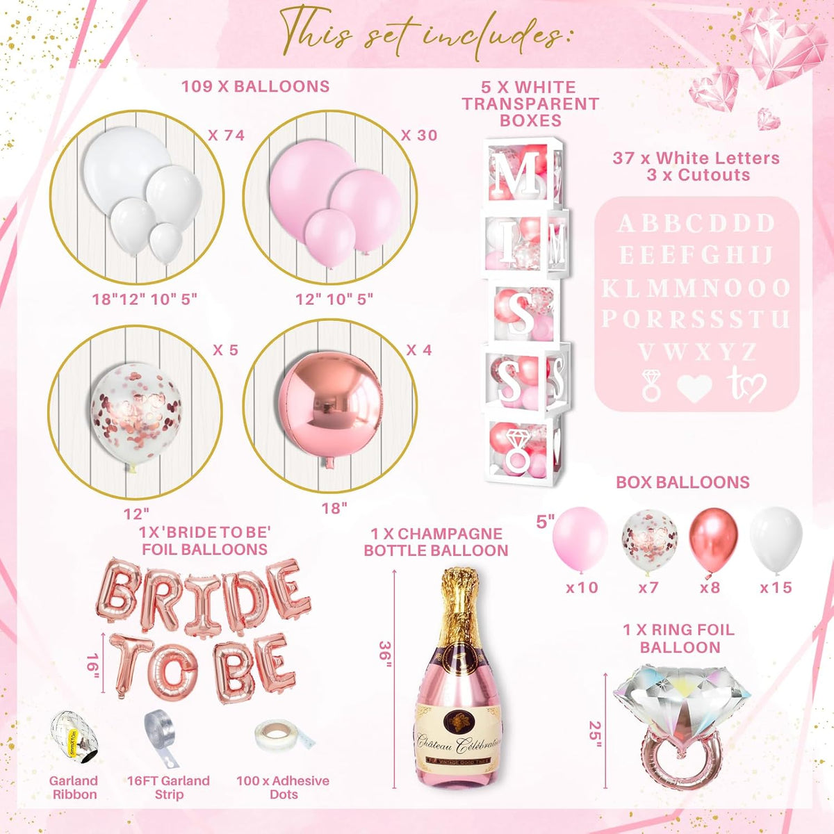 188 Pc Pink Bridal Shower Decorations – Balloon Arch, Boxes & A-Z Letters