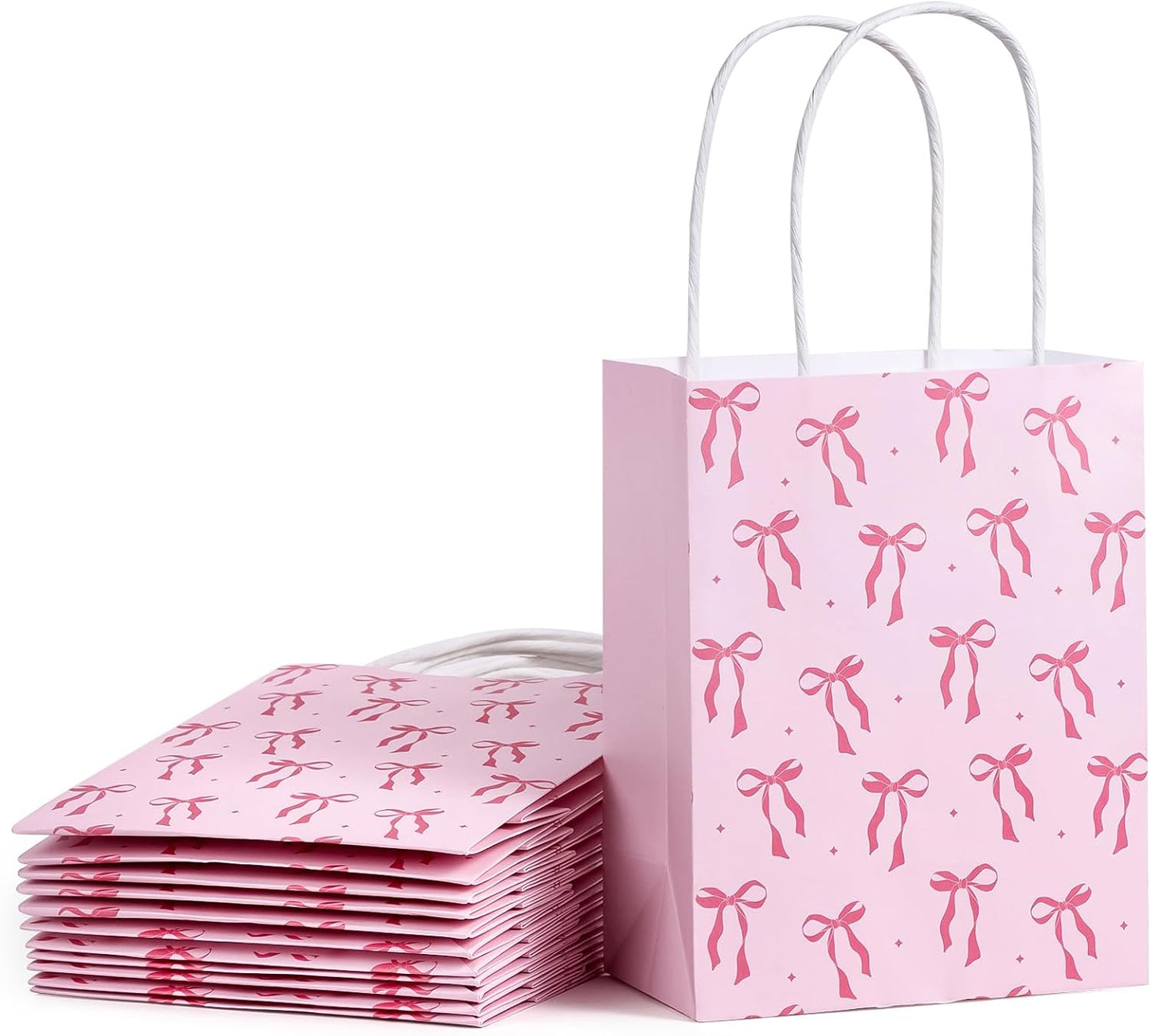 WRAPAHOLIC 12 Pack 7" Small Kraft Pink Bow Paper Gift Bags - Pink Ribbon Bow Gift Bags for Girls Birthday, Baby Shower, Wedding, Bridal Shower