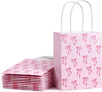 WRAPAHOLIC 12 Pack 7" Small Kraft Pink Bow Paper Gift Bags - Pink Ribbon Bow Gift Bags for Girls Birthday, Baby Shower, Wedding, Bridal Shower