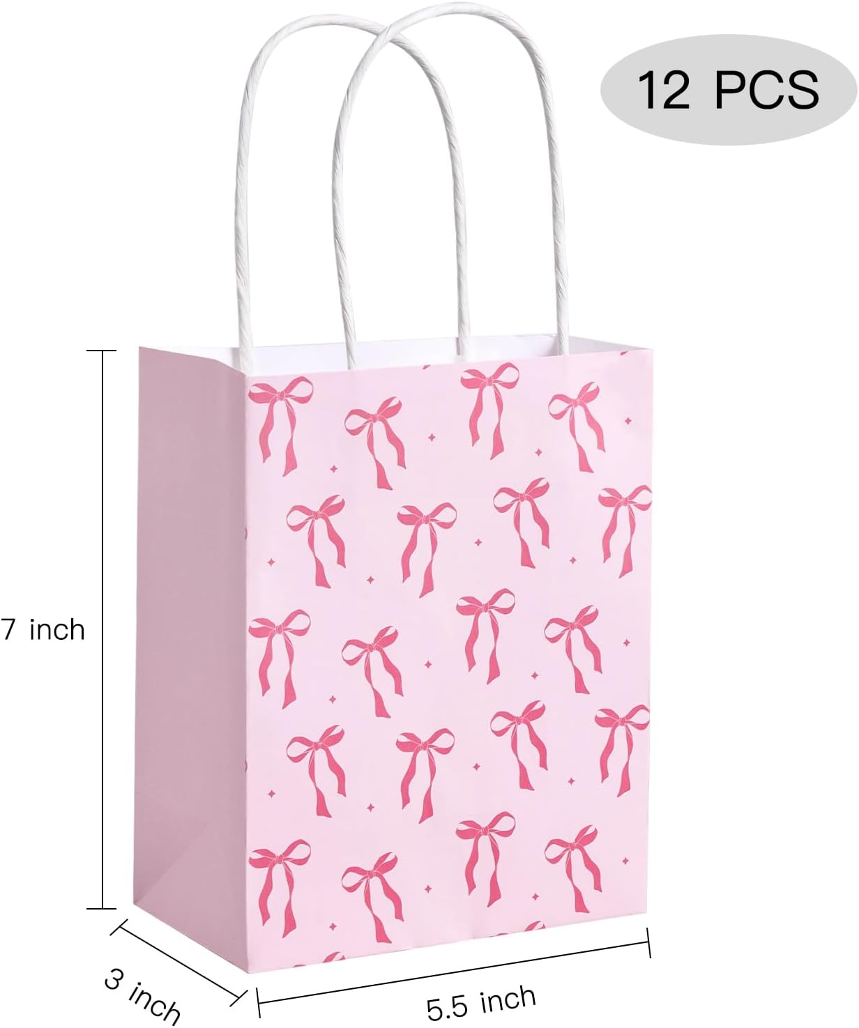 WRAPAHOLIC 12 Pack 7" Small Kraft Pink Bow Paper Gift Bags - Pink Ribbon Bow Gift Bags for Girls Birthday, Baby Shower, Wedding, Bridal Shower