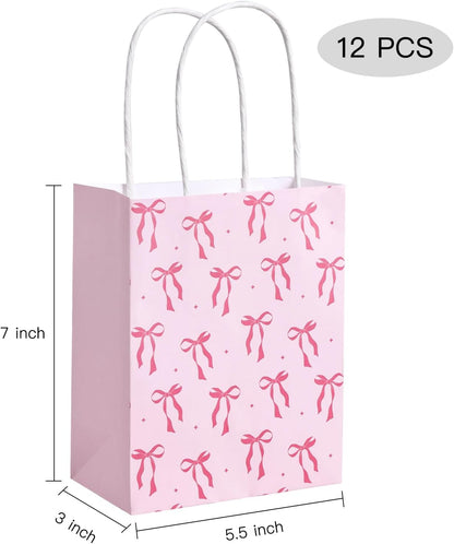 WRAPAHOLIC 12 Pack 7" Small Kraft Pink Bow Paper Gift Bags - Pink Ribbon Bow Gift Bags for Girls Birthday, Baby Shower, Wedding, Bridal Shower