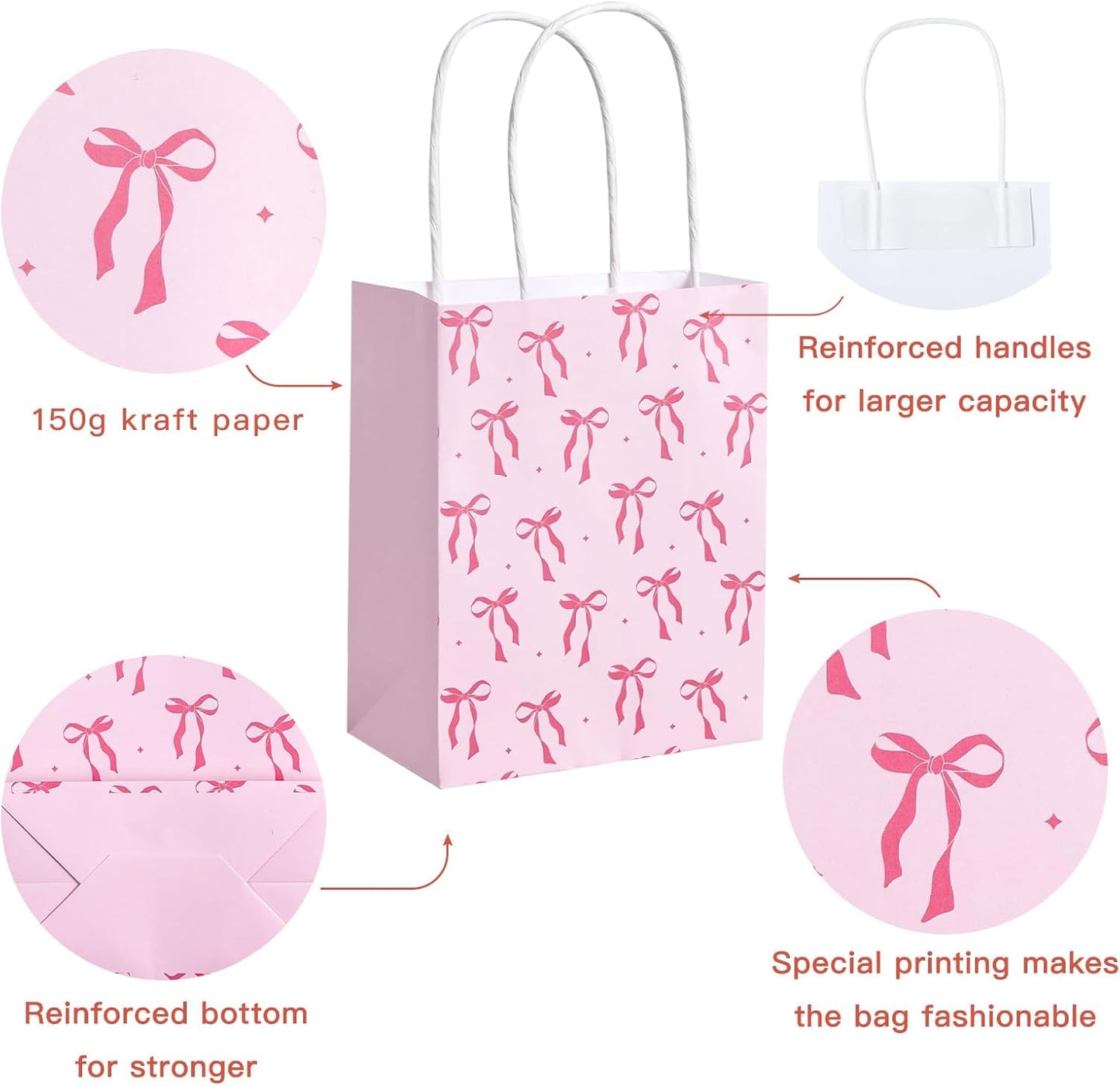 WRAPAHOLIC 12 Pack 7" Small Kraft Pink Bow Paper Gift Bags - Pink Ribbon Bow Gift Bags for Girls Birthday, Baby Shower, Wedding, Bridal Shower