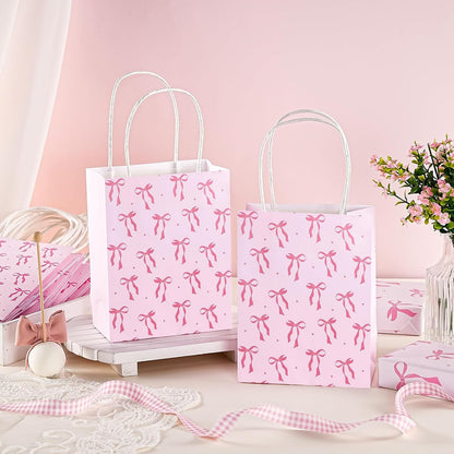 WRAPAHOLIC 12 Pack 7" Small Kraft Pink Bow Paper Gift Bags - Pink Ribbon Bow Gift Bags for Girls Birthday, Baby Shower, Wedding, Bridal Shower