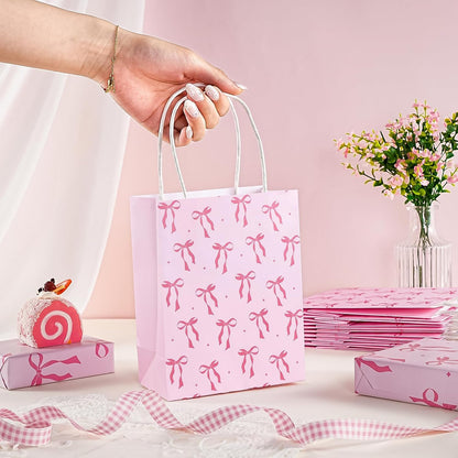 WRAPAHOLIC 12 Pack 7" Small Kraft Pink Bow Paper Gift Bags - Pink Ribbon Bow Gift Bags for Girls Birthday, Baby Shower, Wedding, Bridal Shower