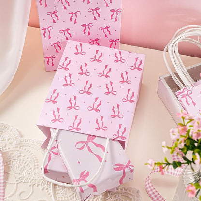 WRAPAHOLIC 12 Pack 7" Small Kraft Pink Bow Paper Gift Bags - Pink Ribbon Bow Gift Bags for Girls Birthday, Baby Shower, Wedding, Bridal Shower