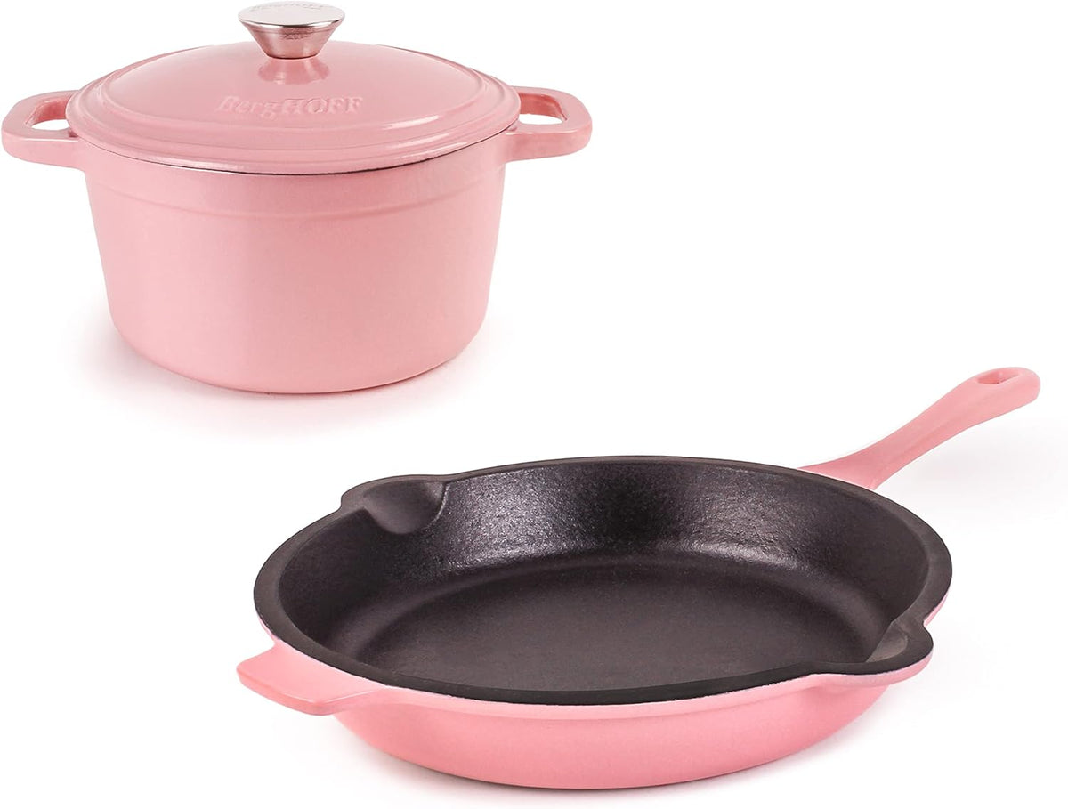 3Pc Pink Enameled Cast Iron Cookware Set, 3qt Dutch Oven