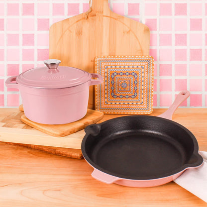 3Pc Pink Enameled Cast Iron Cookware Set, 3qt Dutch Oven