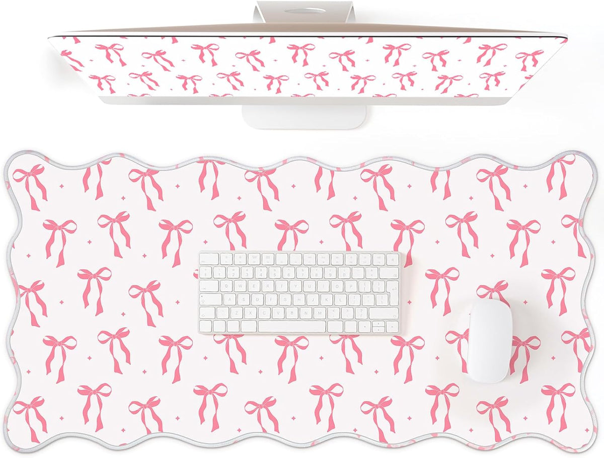 Pink Bow Desk Mat Large Scalloped Mouse Pad 31.5" x 15.7", Classic