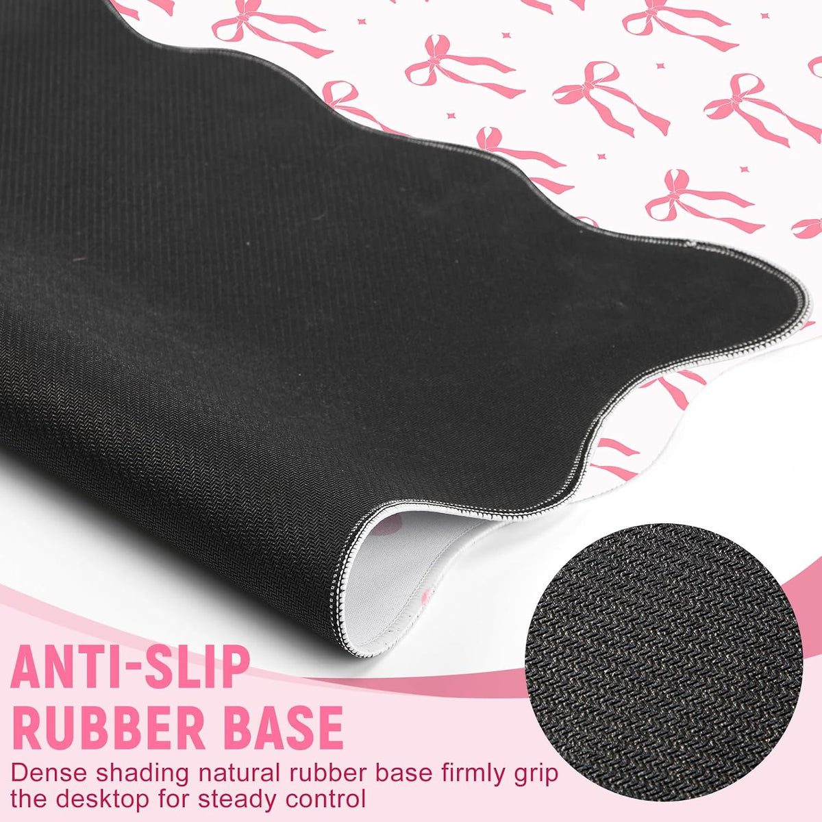 Pink Bow Desk Mat Large Scalloped Mouse Pad 31.5" x 15.7", Classic