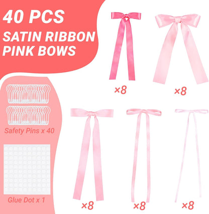 40Pcs Pink Bow Wall Decor DIY Ribbon Bow Photo Backdrop Pink Bow Birthday Decorations for Women Girls Room Decor Coquette Party Bachelorette Baby Shower Wedding