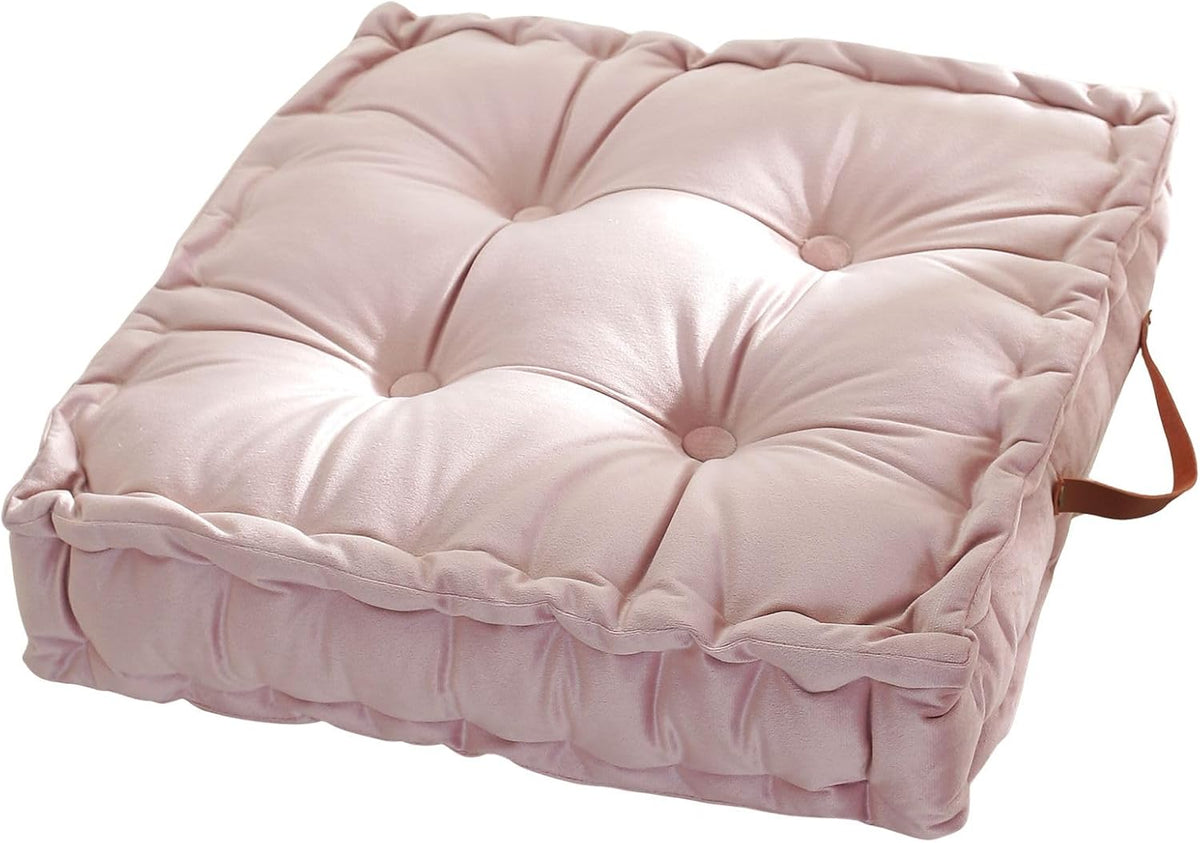 Square Solid Color Velvet Seat Cushion with Handle Tufted Thicken Chair Pad Tatami Floor Pillow Cushion 16.5"x16.5"x4" Pink