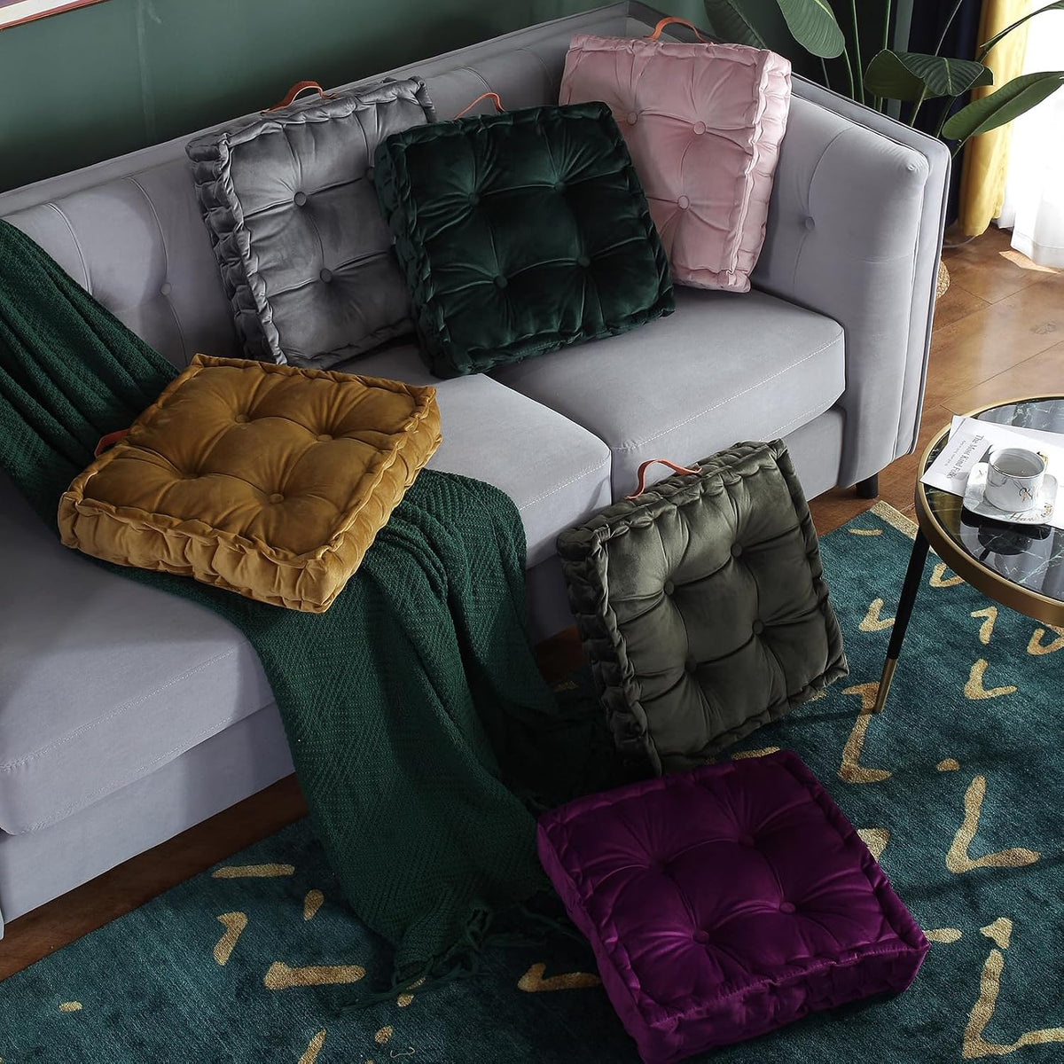 Square Solid Color Velvet Seat Cushion with Handle Tufted Thicken Chair Pad Tatami Floor Pillow Cushion 16.5"x16.5"x4" Pink