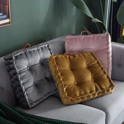 Square Solid Color Velvet Seat Cushion with Handle Tufted Thicken Chair Pad Tatami Floor Pillow Cushion 16.5"x16.5"x4" Pink