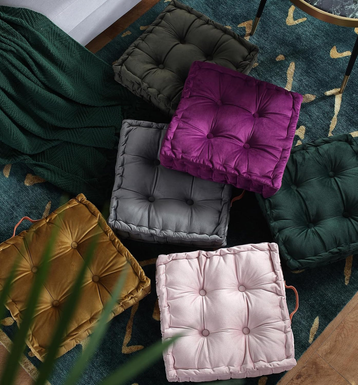 Square Solid Color Velvet Seat Cushion with Handle Tufted Thicken Chair Pad Tatami Floor Pillow Cushion 16.5"x16.5"x4" Pink