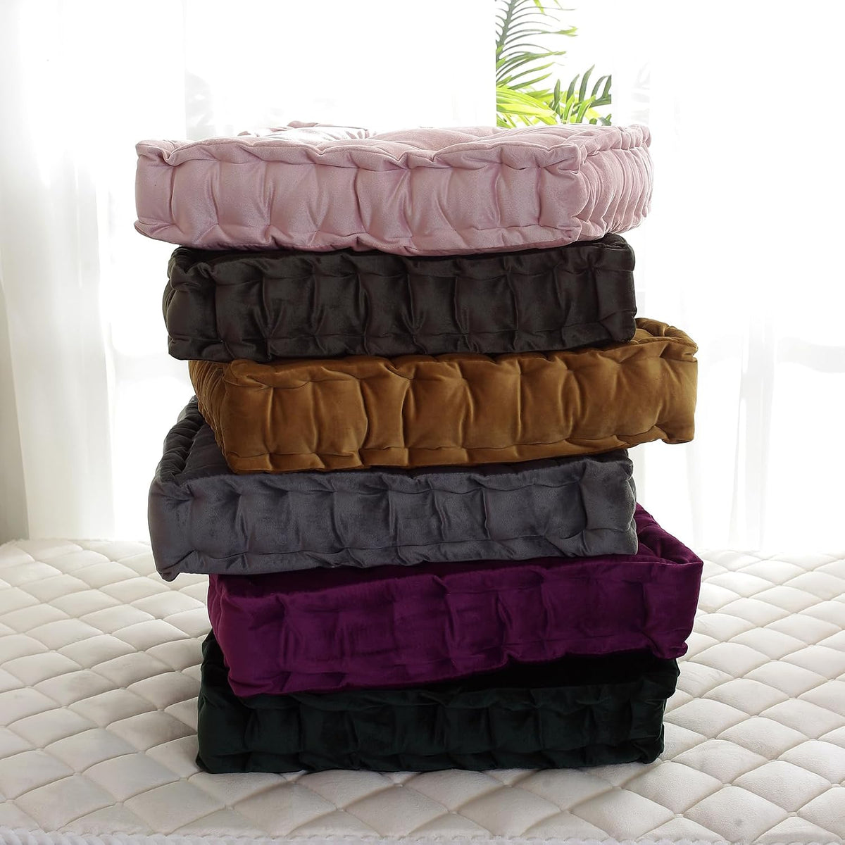 Square Solid Color Velvet Seat Cushion with Handle Tufted Thicken Chair Pad Tatami Floor Pillow Cushion 16.5"x16.5"x4" Pink