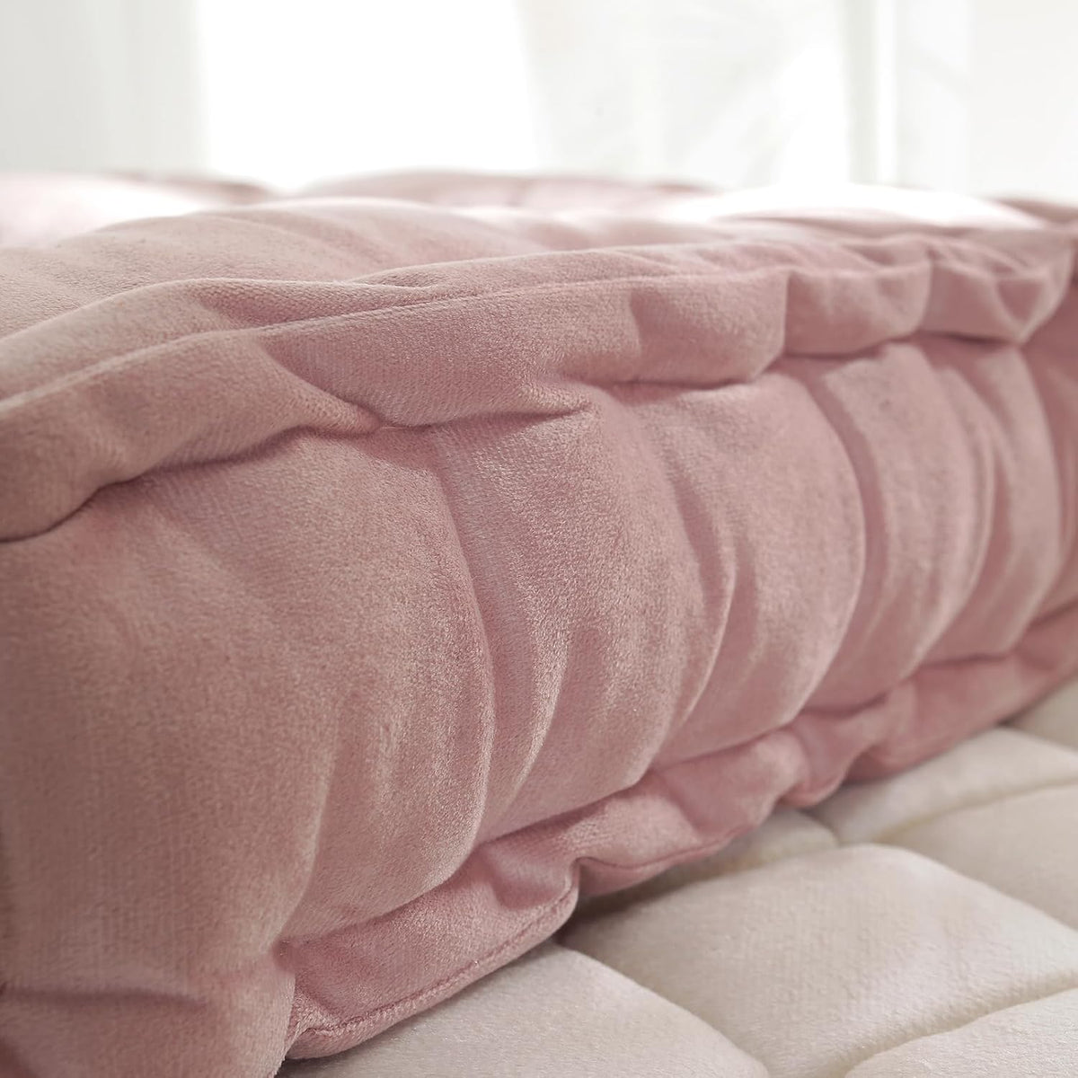 Square Solid Color Velvet Seat Cushion with Handle Tufted Thicken Chair Pad Tatami Floor Pillow Cushion 16.5"x16.5"x4" Pink