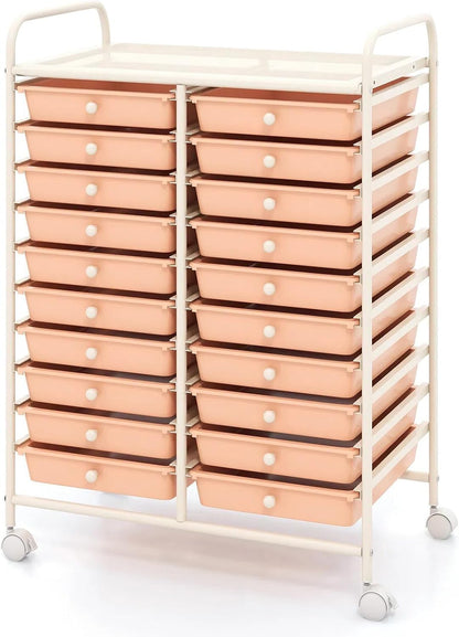 Rolling Cart with Storage Drawers, Utility Cart w/Removable Plastic Drawers, Lockable Wheels, Art Cart for Classroom Organization Art Supplies Office Scrapbook (20 Drawers, Peach)