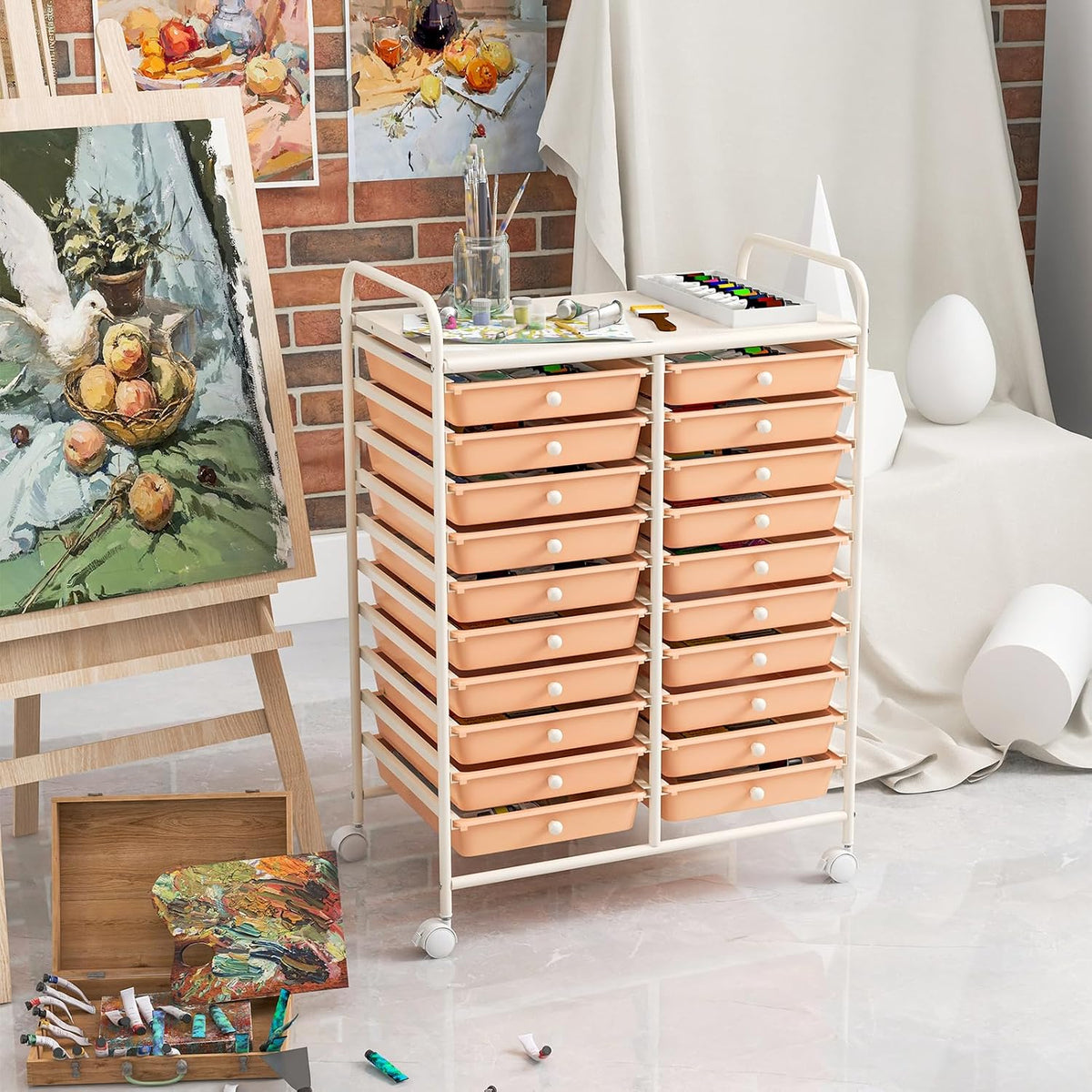 Rolling Cart with Storage Drawers, Utility Cart w/Removable Plastic Drawers, Lockable Wheels, Art Cart for Classroom Organization Art Supplies Office Scrapbook (20 Drawers, Peach)