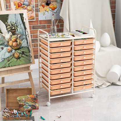 Rolling Cart with Storage Drawers, Utility Cart w/Removable Plastic Drawers, Lockable Wheels, Art Cart for Classroom Organization Art Supplies Office Scrapbook (20 Drawers, Peach)