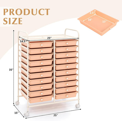Rolling Cart with Storage Drawers, Utility Cart w/Removable Plastic Drawers, Lockable Wheels, Art Cart for Classroom Organization Art Supplies Office Scrapbook (20 Drawers, Peach)