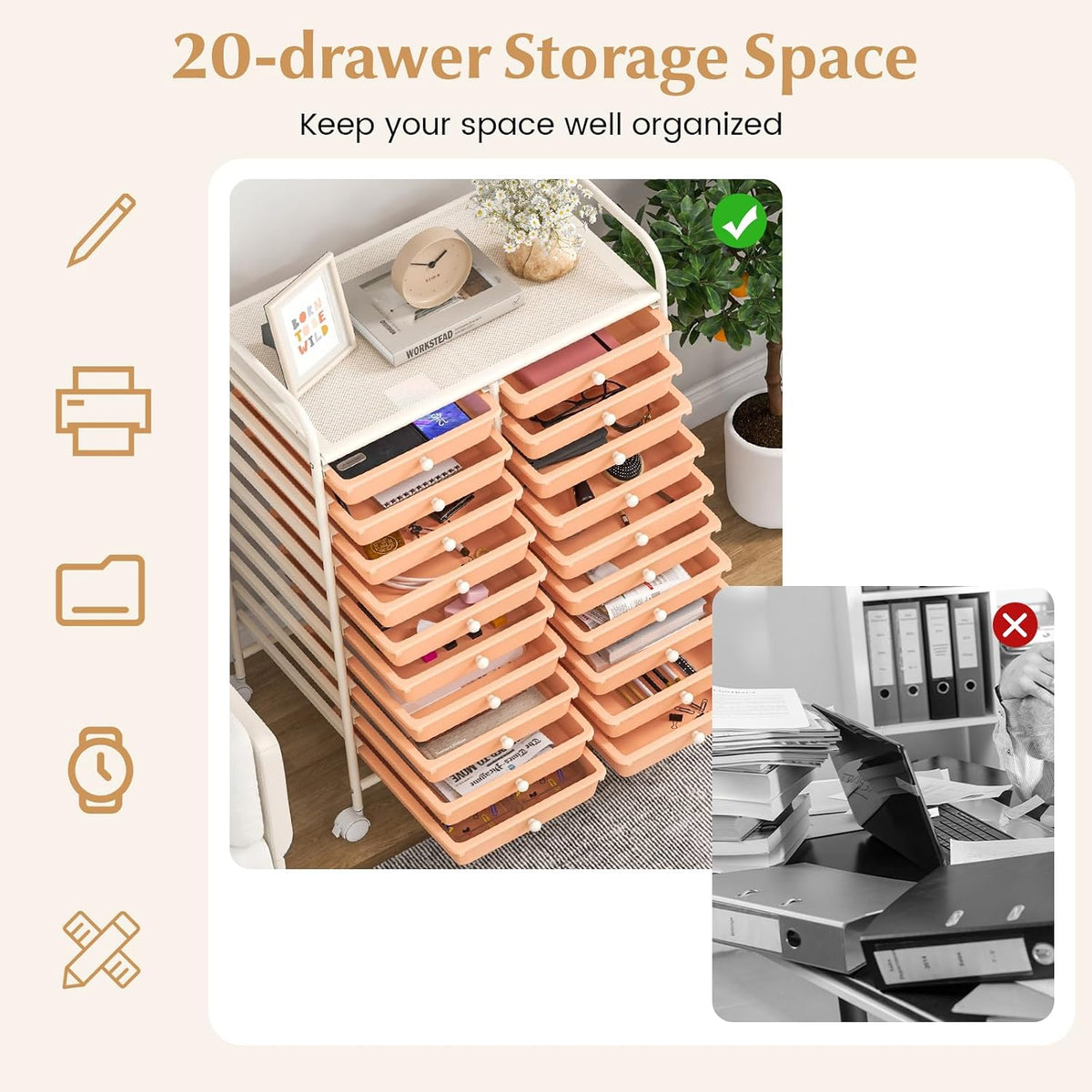 Rolling Cart with Storage Drawers, Utility Cart w/Removable Plastic Drawers, Lockable Wheels, Art Cart for Classroom Organization Art Supplies Office Scrapbook (20 Drawers, Peach)
