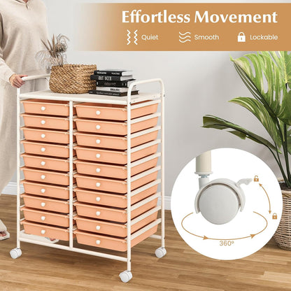 Rolling Cart with Storage Drawers, Utility Cart w/Removable Plastic Drawers, Lockable Wheels, Art Cart for Classroom Organization Art Supplies Office Scrapbook (20 Drawers, Peach)