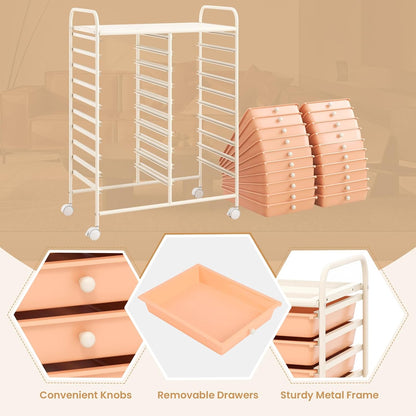Rolling Cart with Storage Drawers, Utility Cart w/Removable Plastic Drawers, Lockable Wheels, Art Cart for Classroom Organization Art Supplies Office Scrapbook (20 Drawers, Peach)