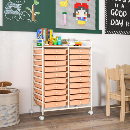 Rolling Cart with Storage Drawers, Utility Cart w/Removable Plastic Drawers, Lockable Wheels, Art Cart for Classroom Organization Art Supplies Office Scrapbook (20 Drawers, Peach)