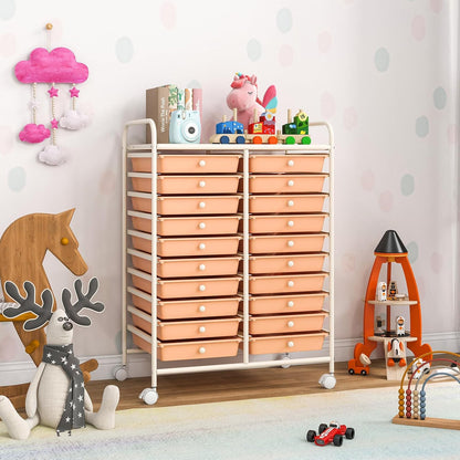 Rolling Cart with Storage Drawers, Utility Cart w/Removable Plastic Drawers, Lockable Wheels, Art Cart for Classroom Organization Art Supplies Office Scrapbook (20 Drawers, Peach)