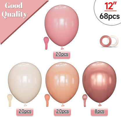 68 Pcs Retro Pink Nude Party Balloons 12Inch Dusty Pink Metallic Rose Gold Balloon Beige Blush Latex Ballons for Girls Birthday Wedding Baby Shower Party Decorations.