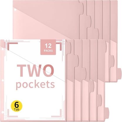 12 Pcs Binder Dividers for 3 Rings Binders 2 Pockets Tabs, Pink