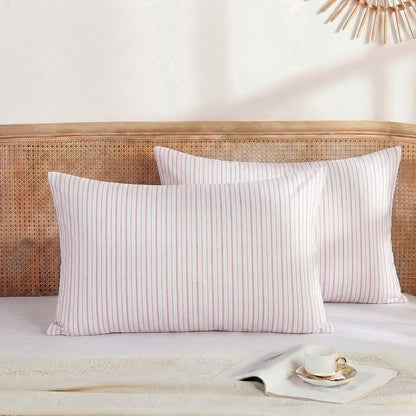Queen Size Pillowcases, 100% Cotton Pillow Cases, White & Pink Striped Pillowcases, Luxury Linen Like Pillowcase, Soft Breathable Ticker Stripe Pillow Covers, Set of 2