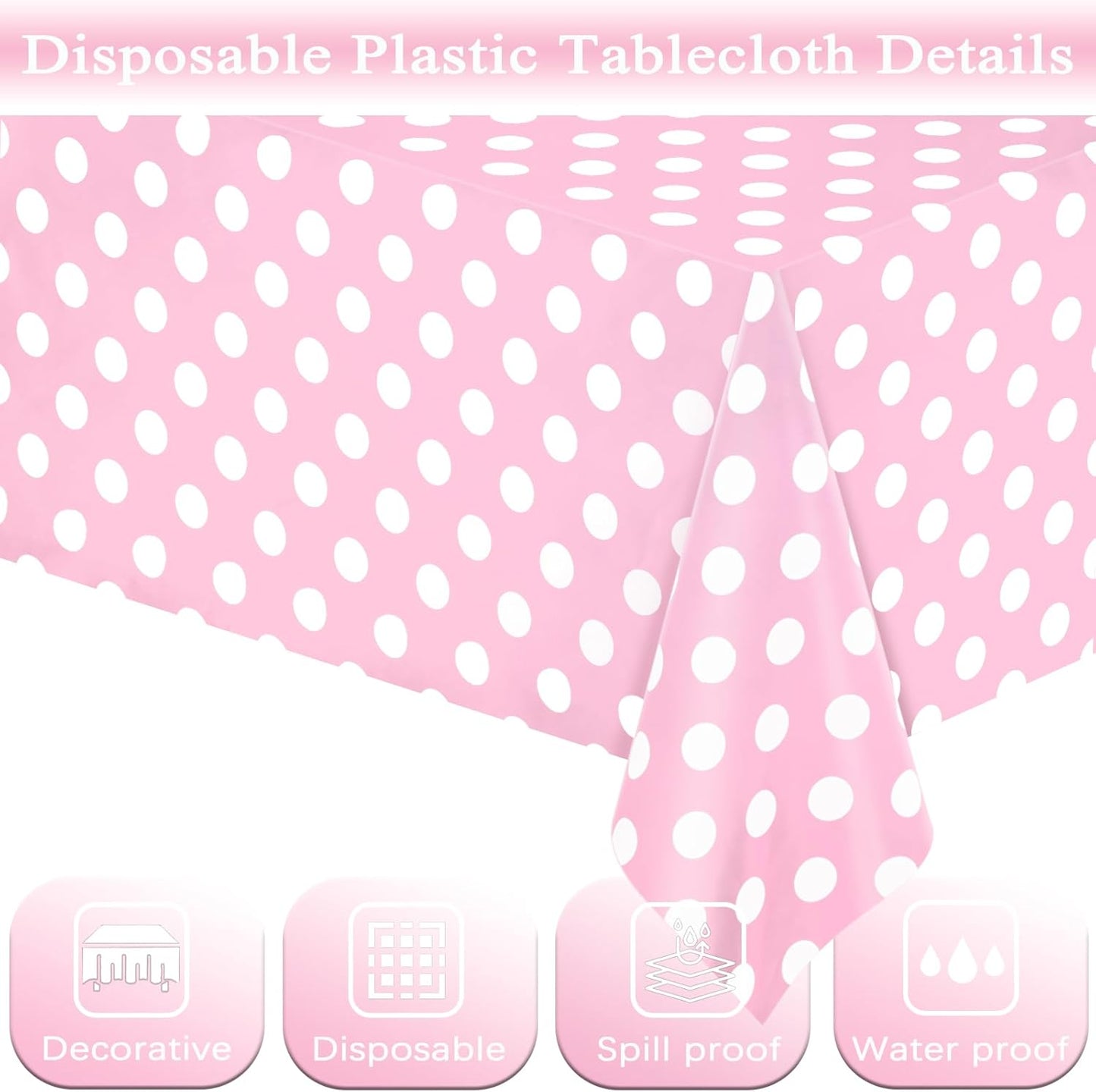 2 Pack Light Pink and White Polka Dot Tablecloths, Pink Disposable Plastic Table Cover for Birthday, Wedding, Bachelor, Pink Girl Party, and Picnic Camping Parties 54" x 108"