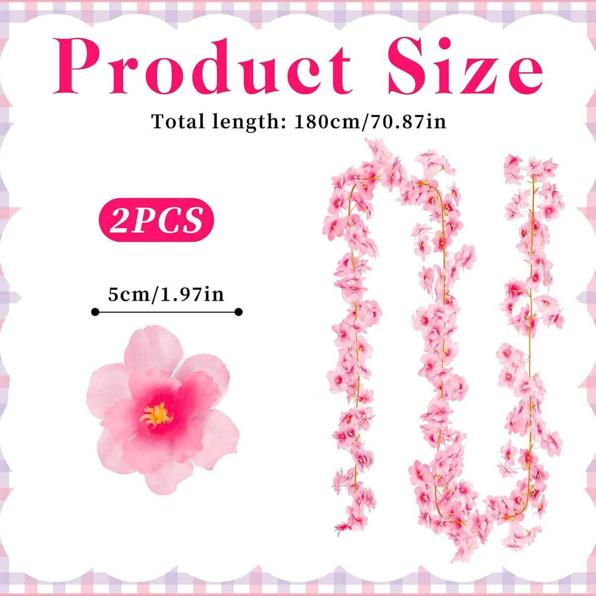 2Pcs 11.8ft Cherry Blossom Garland, Hanging Silk Cherry Blossom Sakura Vine, Artificial Pink Flower Garland, Pink Fake Vines for Wedding Party Valentine Japanese Home Decor(Pink)
