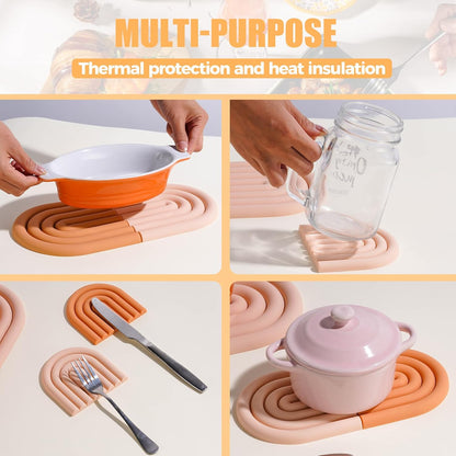 Silicone Hot Pot Holder, Reusable Heat Resistant Trivet Mats - Pink&Orange Non-Slip Pad for Dining Table, Countertop, Kitchen - Dishwasher Safe, Flexible for Bowls, Pans & Plates (Set of 4)