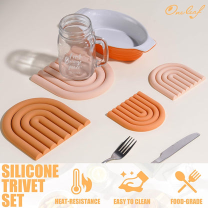 Silicone Hot Pot Holder, Reusable Heat Resistant Trivet Mats - Pink&Orange Non-Slip Pad for Dining Table, Countertop, Kitchen - Dishwasher Safe, Flexible for Bowls, Pans & Plates (Set of 4)