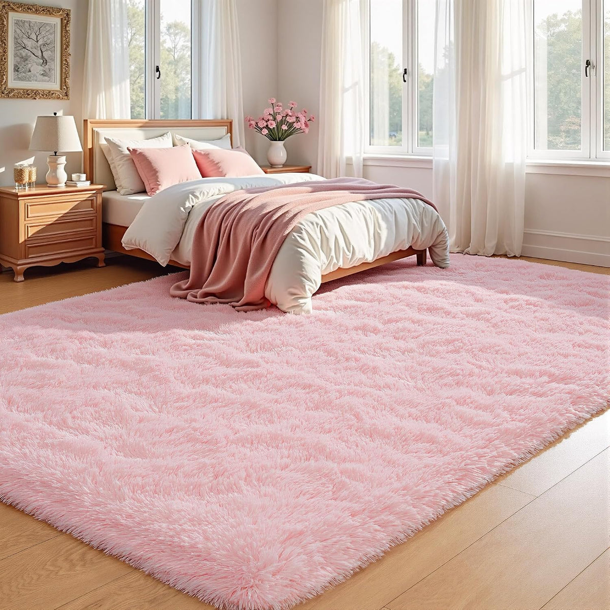 Fluffy Pink Area Rugs 4x5.3,Washable Shag Rug for Bedroom Girls Room