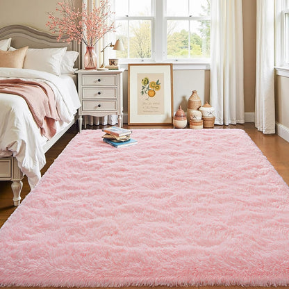 Fluffy Pink Area Rugs 4x5.3,Washable Shag Rug for Bedroom Girls Room