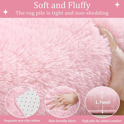 Fluffy Pink Area Rugs 4x5.3,Washable Shag Rug for Bedroom Girls Room