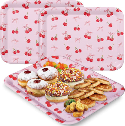 3 Pcs Cherry Bow Serving Trays 13 x 10 Inch Pink Bow Cherry Melamine Platters Reusable Rectangular Serving Dishes for Coquette Wedding Baby Shower Birthday Party Sharing Snack Fruit Dessert