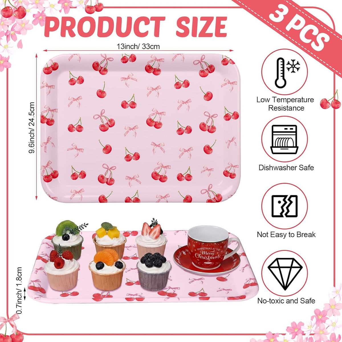 3 Pcs Cherry Bow Serving Trays 13 x 10 Inch Pink Bow Cherry Melamine Platters Reusable Rectangular Serving Dishes for Coquette Wedding Baby Shower Birthday Party Sharing Snack Fruit Dessert