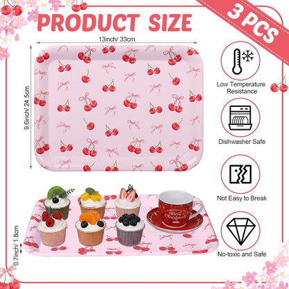 3 Pcs Cherry Bow Serving Trays 13 x 10 Inch Pink Bow Cherry Melamine Platters Reusable Rectangular Serving Dishes for Coquette Wedding Baby Shower Birthday Party Sharing Snack Fruit Dessert